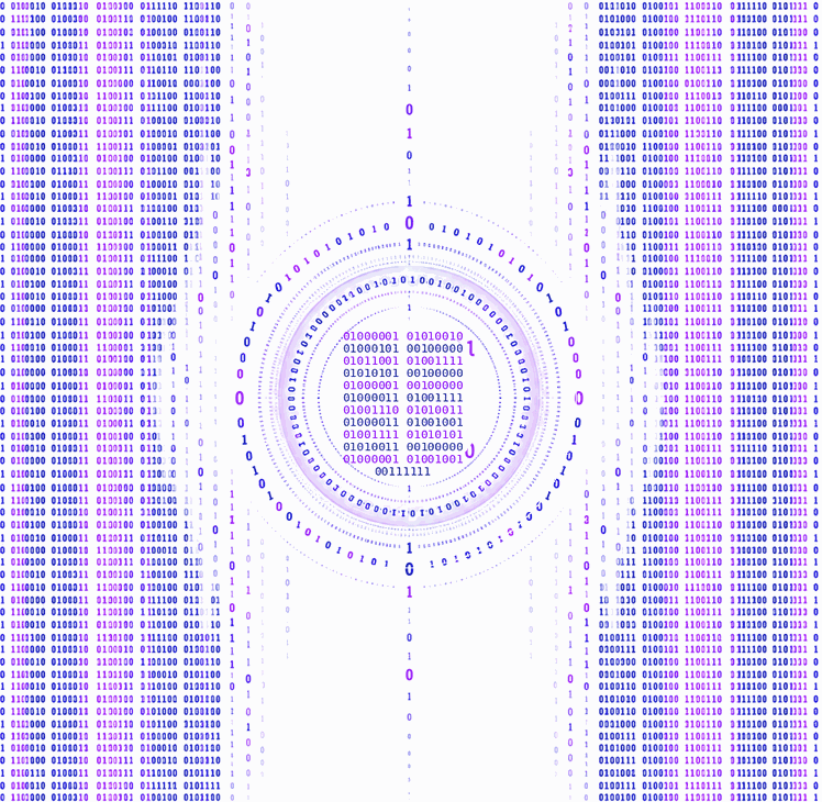 Cercle binaire en rotation antihoraire, fond blanc, bleu marine et violet
